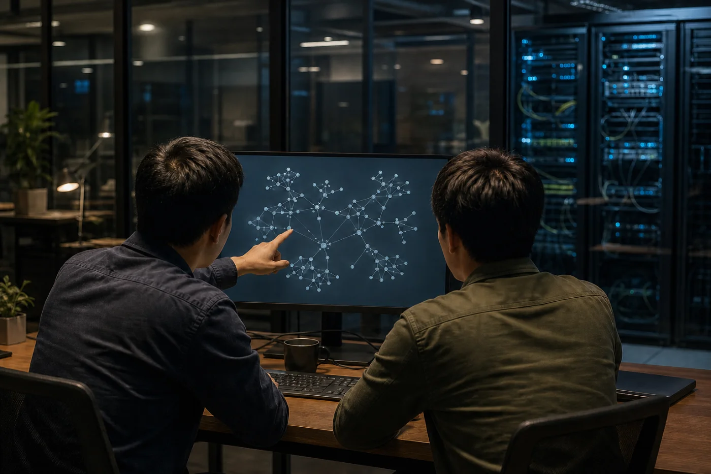 Two team members reviewing a network diagram at a workstation.