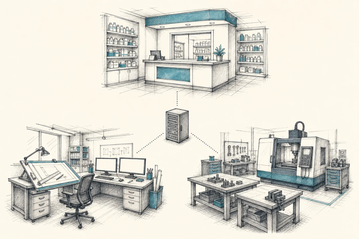 Illustration of a pharmacy, engineering office, and manufacturing floor connected to a central on-premise server.
