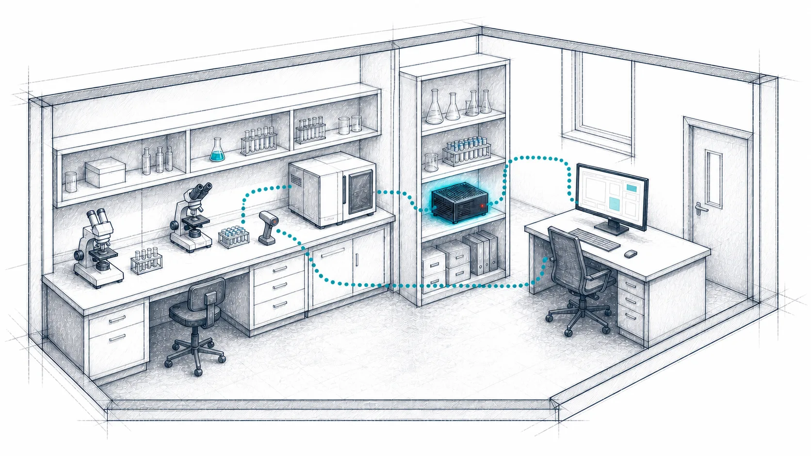 Illustration of a laboratory with instruments and a workstation linked to a small AI appliance on a shelf.