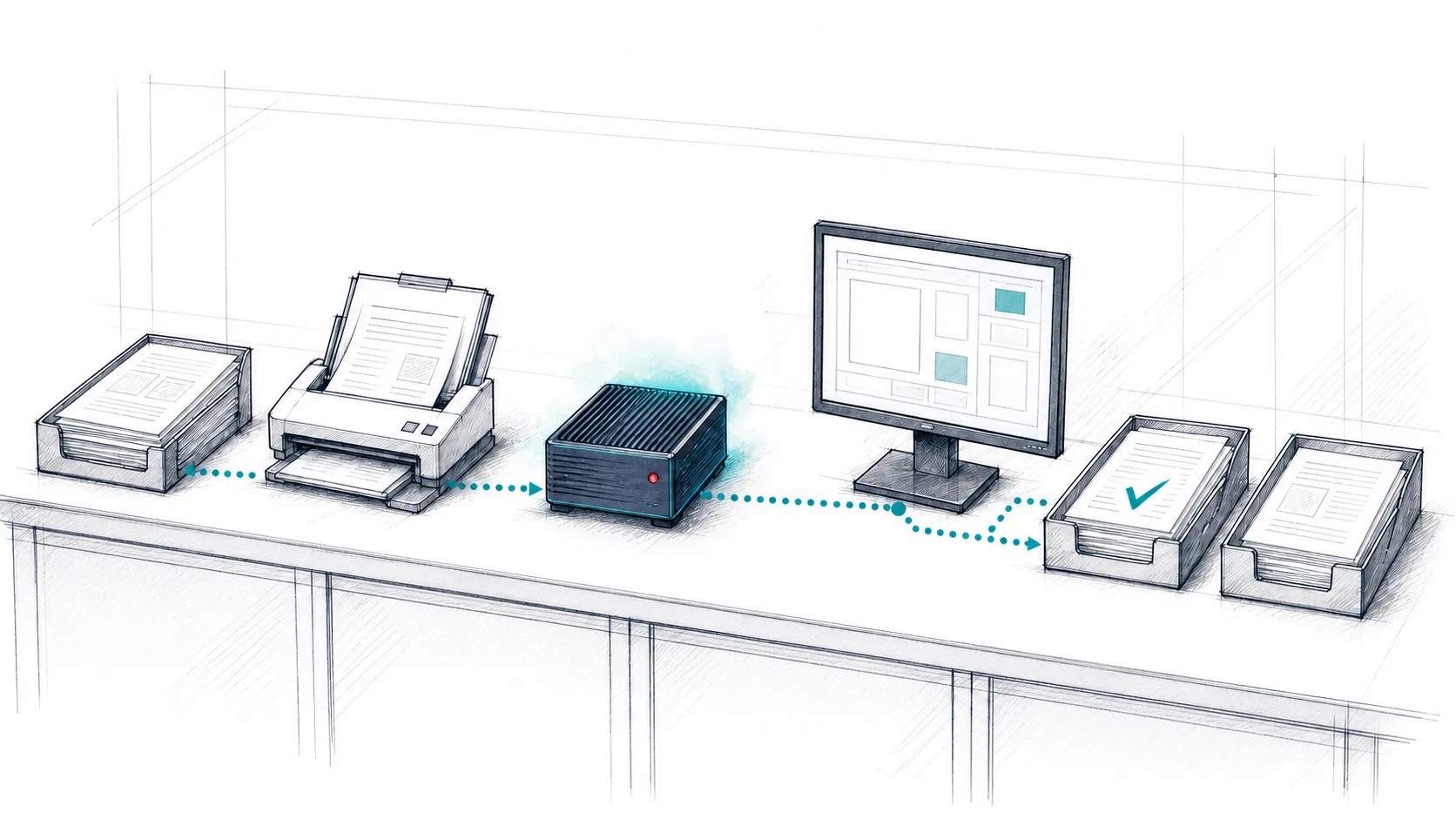 Illustration of documents flowing from a scanner through a compact AI appliance to a monitor and sorted output trays.