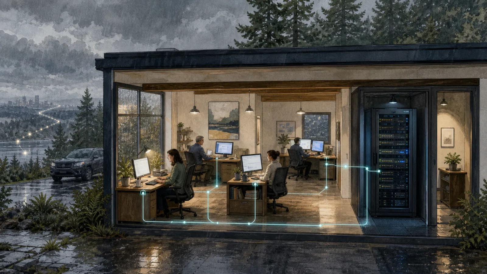 A lit office working through a rainy evening, the local network glowing between workstations and an on-site server rack while the city beyond sits dark.