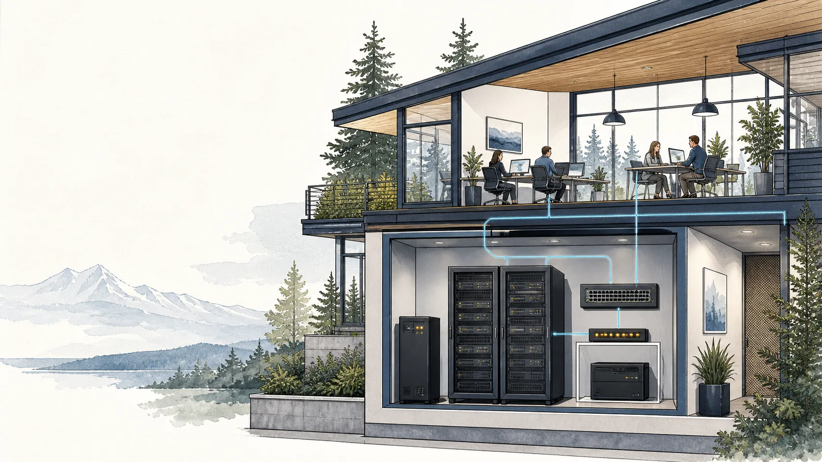 Illustration of a two-story Pacific Northwest office with staff working upstairs and server racks, a switch, and backup hardware in the level below.