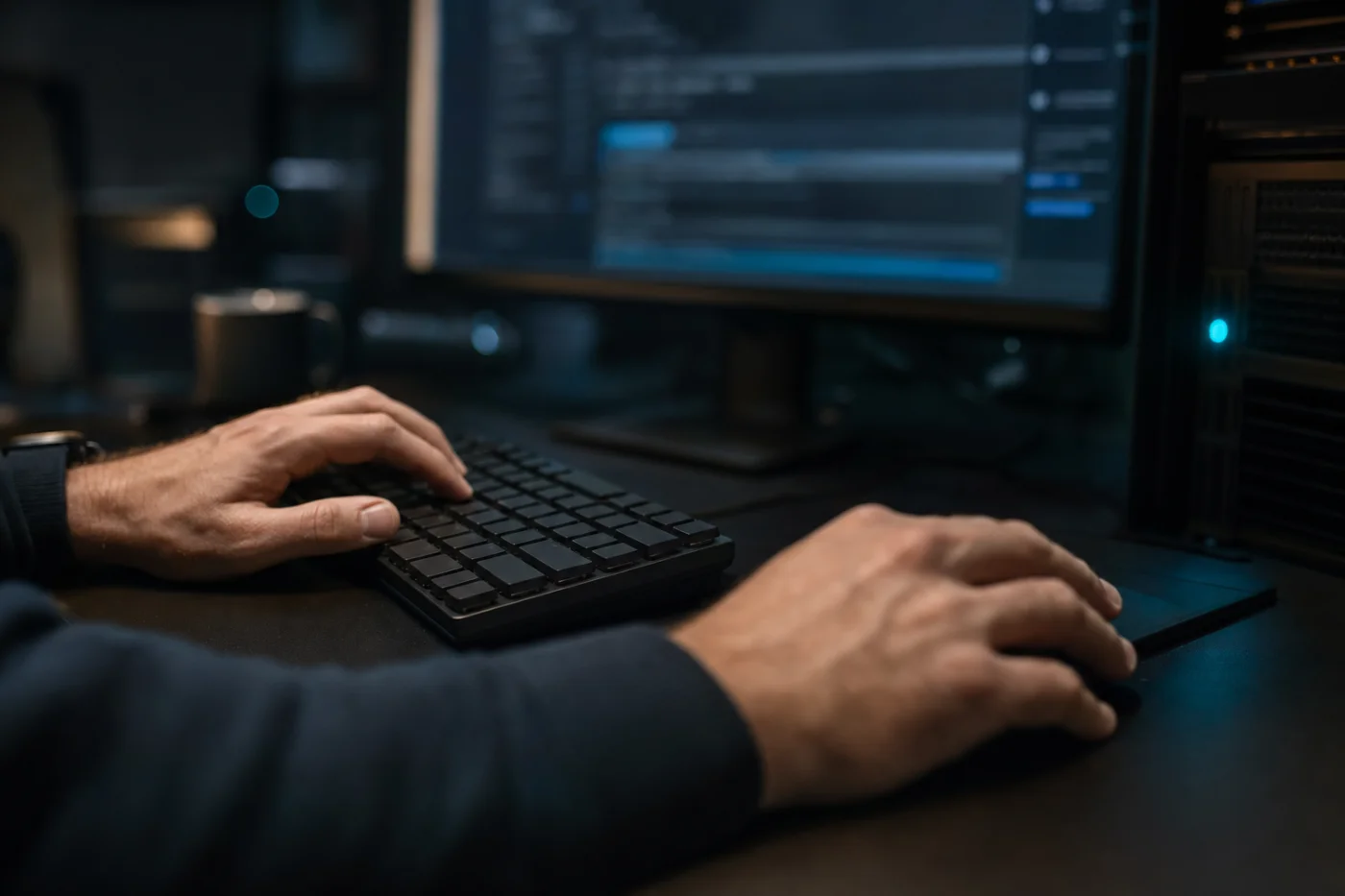 IT engineer working at a monitoring workstation.