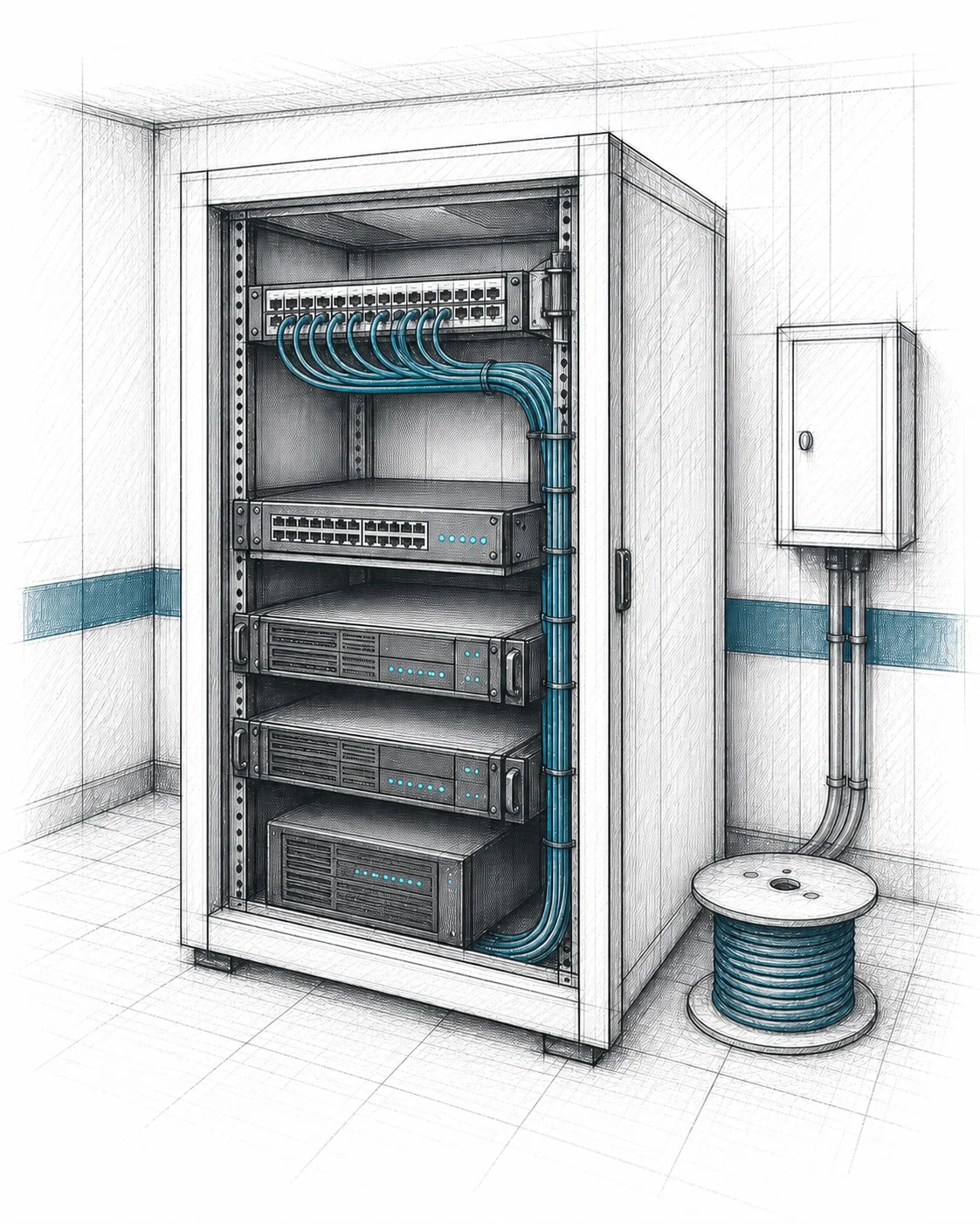 Sketch of an open server rack with patch panel, switches, and neatly dressed cabling in an equipment room.